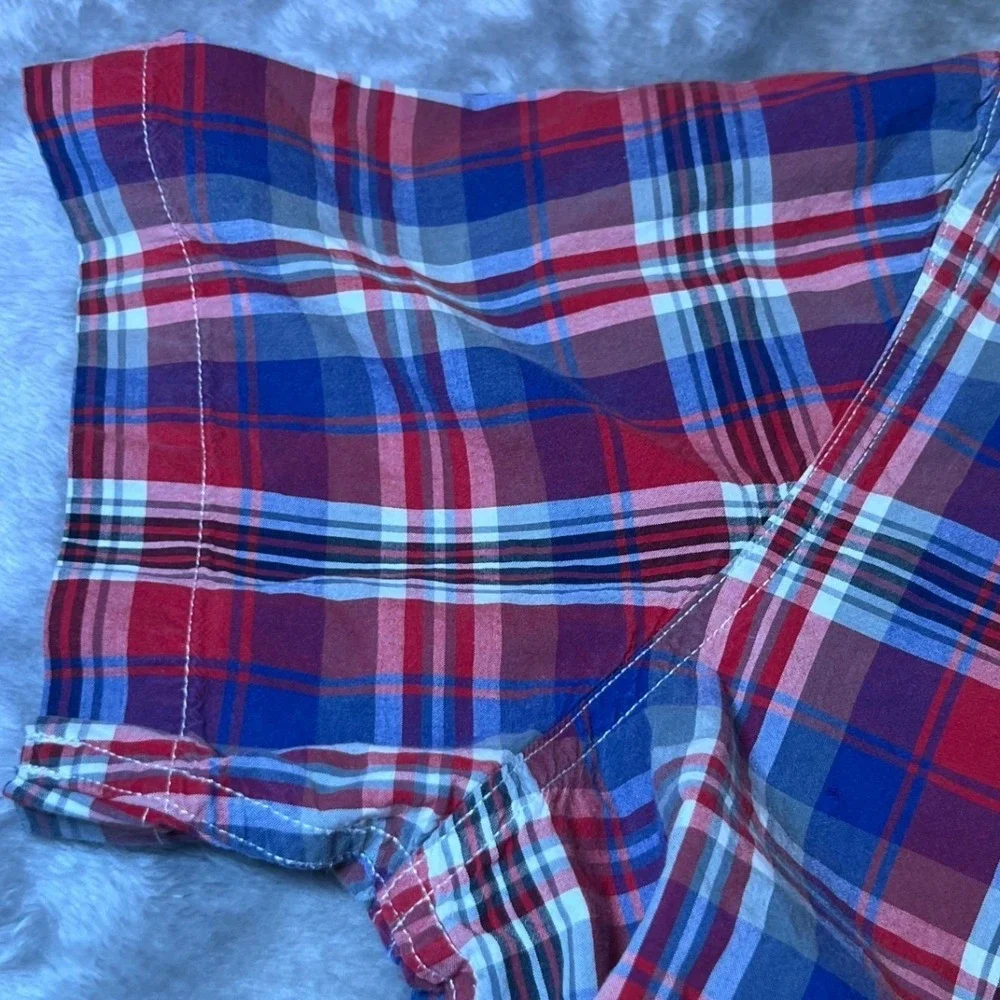 American Eagle Mens Size Short Sleeve Large Shirt Red Blue Plaid Vintage Fit‎